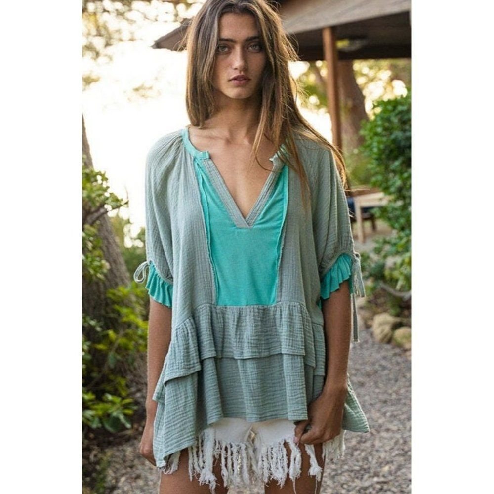 POL CLOTHING Women's Tiered Emerald Sage Baby Doll Tunic Top Gauze New FWT96